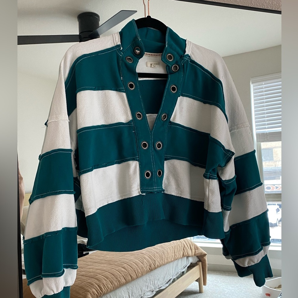 Pilcro By Anthropologie The Kamrie Pieced Popover Top, Teal and White, size XS